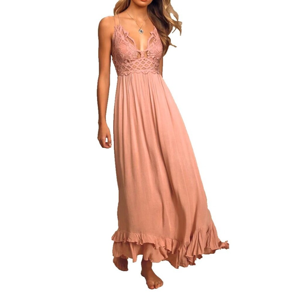 Free People Adella Maxi Slip Dress Size XS Pink Flowy Lace Adjustable Strap